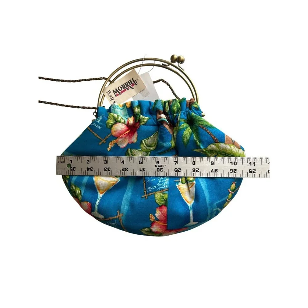 Morrieg Tropical Print Metal Frame Chain Strap Blue Floral Cocktail Design Bag - Picture 4 of 8